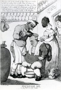 Massacar Oil, un olio untuoso per teste morbide, 1814 da Thomas Rowlandson